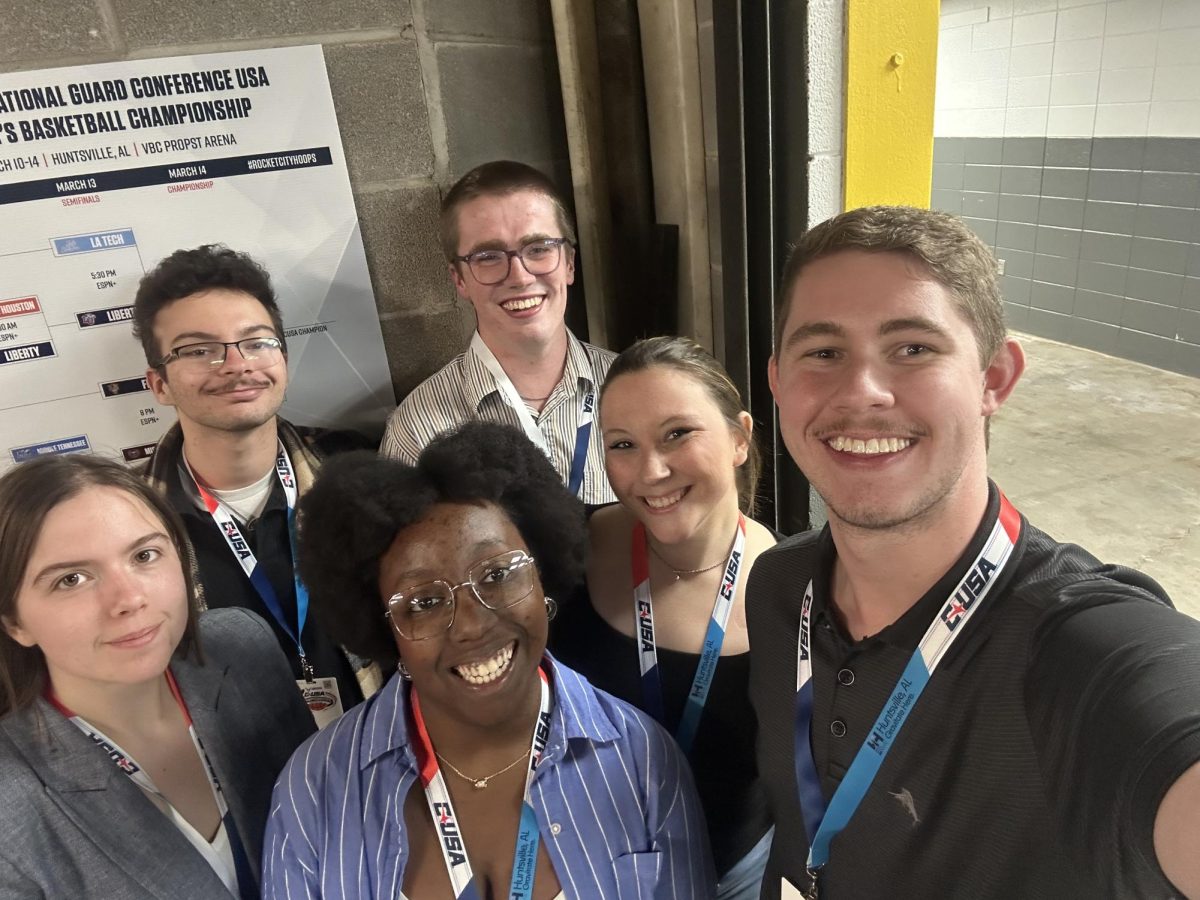 (From left to right) J'lyn Hare, Ephraim Rodenbach, Jaeda Jackson, Jacob Burgess, Caitlyn Hajek and Brett Walker at the CUSA basketball tournament in Huntsville, Alabama, on March 12, 2026.