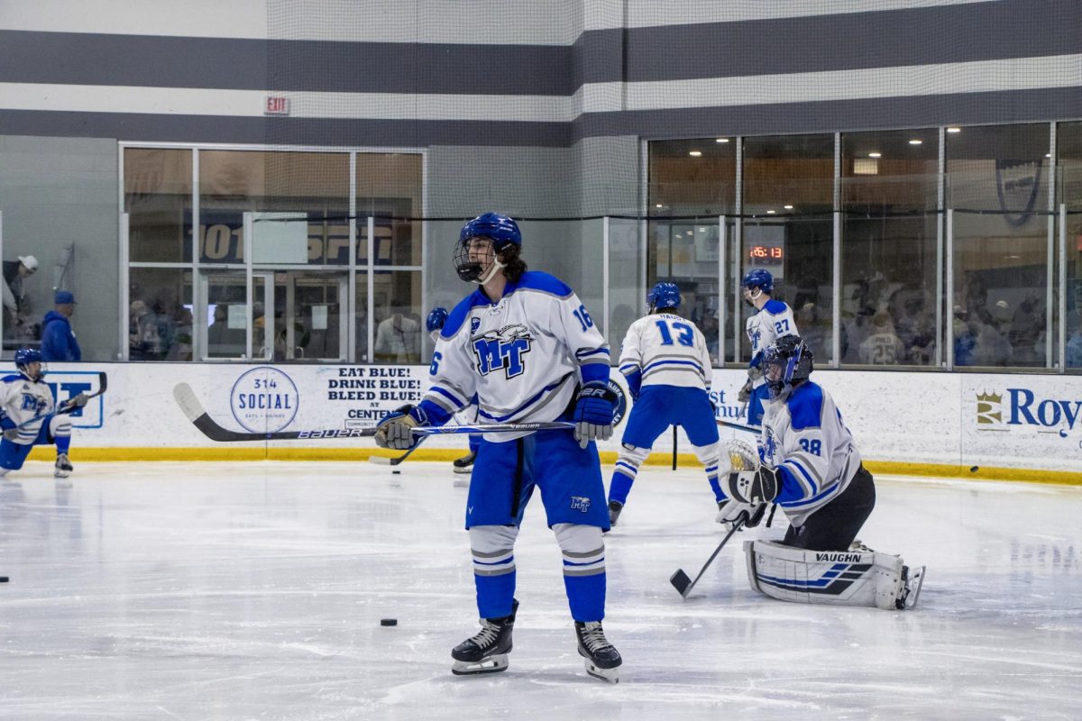 MTSU club hockey defensemen Larsen Smidt during warm-ups before a game against Northwood at the Centene Community Ice Center on March 19, 2026.
