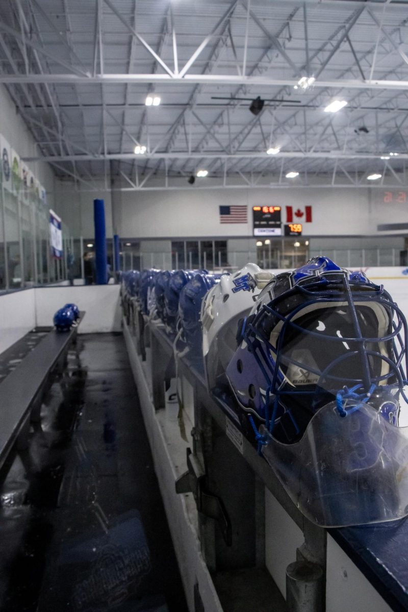 MTSU club hockey helmets lined up in front of the bench before a game against Northwood at the Centene Community Ice Center on March 19, 2026.