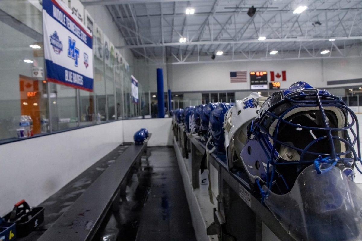 MTSU's helmets lined up in front of the bench before a game against Northwood at the Centene Community Ice Center on March 19, 2026.