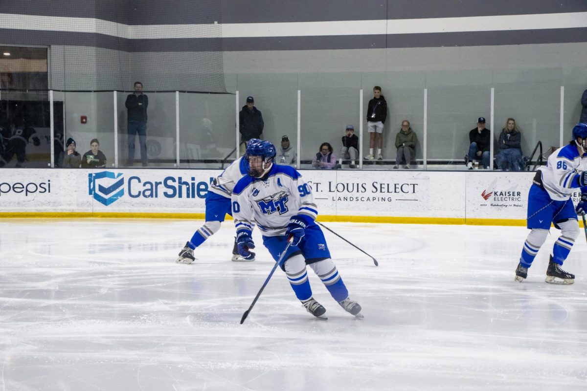 MTSU forward Donovan Yesnach looks toward the corner during a game against Northwood at the Centene Community Ice Center on March 19, 2026.