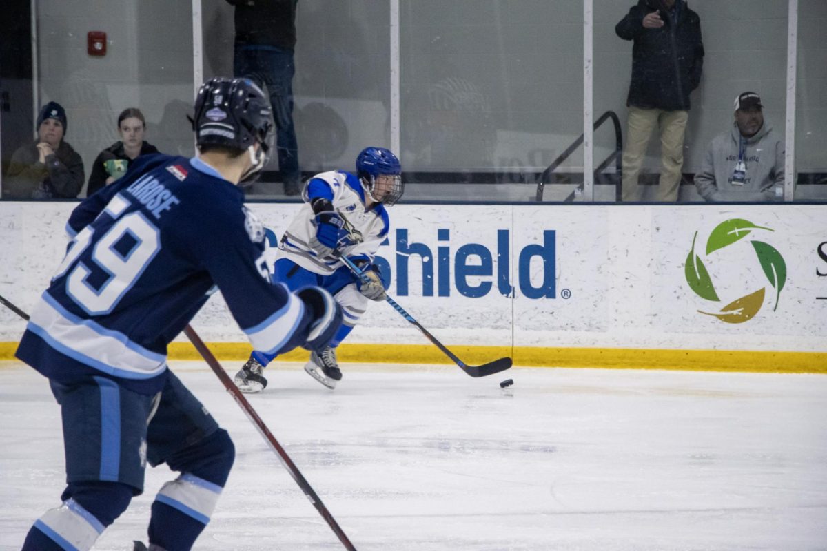 MTSU club hockey forward JJ Landers maneuvering across the ice during a game against Northwood at the Centene Community Ice Center on March 19, 2026.