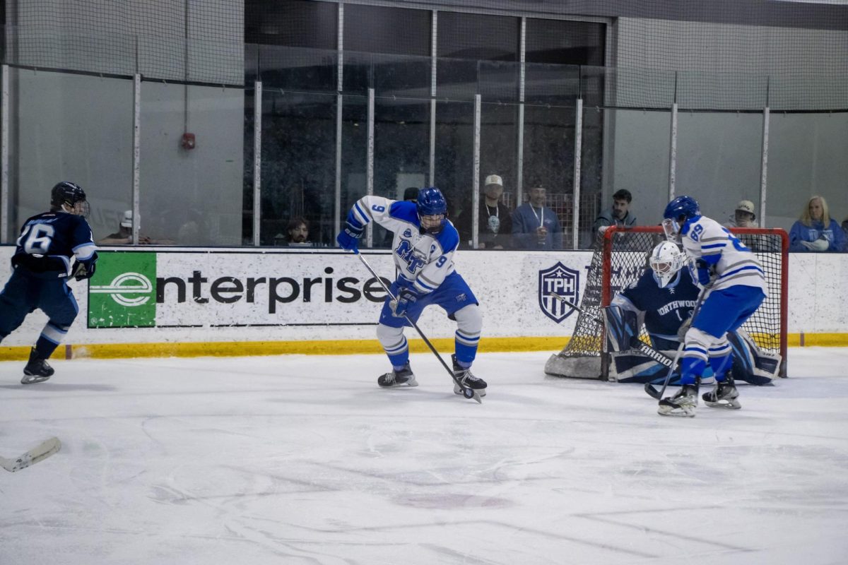 MTSU club hockey forward Linden Palmer receives the puck in front of the goal during a game against Northwood at the Centene Community Ice Center on March 19, 2026.