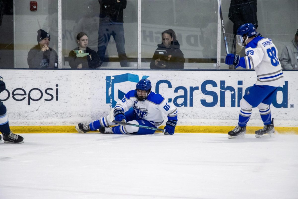 MTSU club hockey forward Kieran Ogle celebrates a goal after contact during a game against Northwood at the Centene Community Ice Center on March 19, 2026.