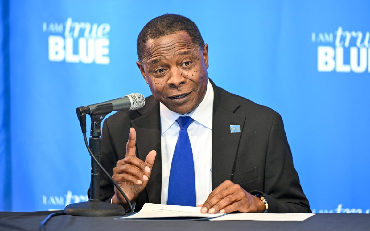 Sidney A. McPhee, president at MTSU speaks during the Matt Insell introductory press conference inside the Rose and Emmett Kennon Hall of Fame on March 24, 2026. 