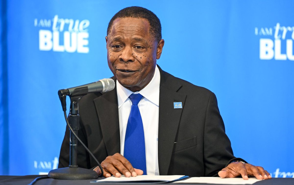 Sidney A. McPhee, president at MTSU speaks during the Matt Insell introductory press conference inside the Rose and Emmett Kennon Hall of Fame on March 24, 2026. 