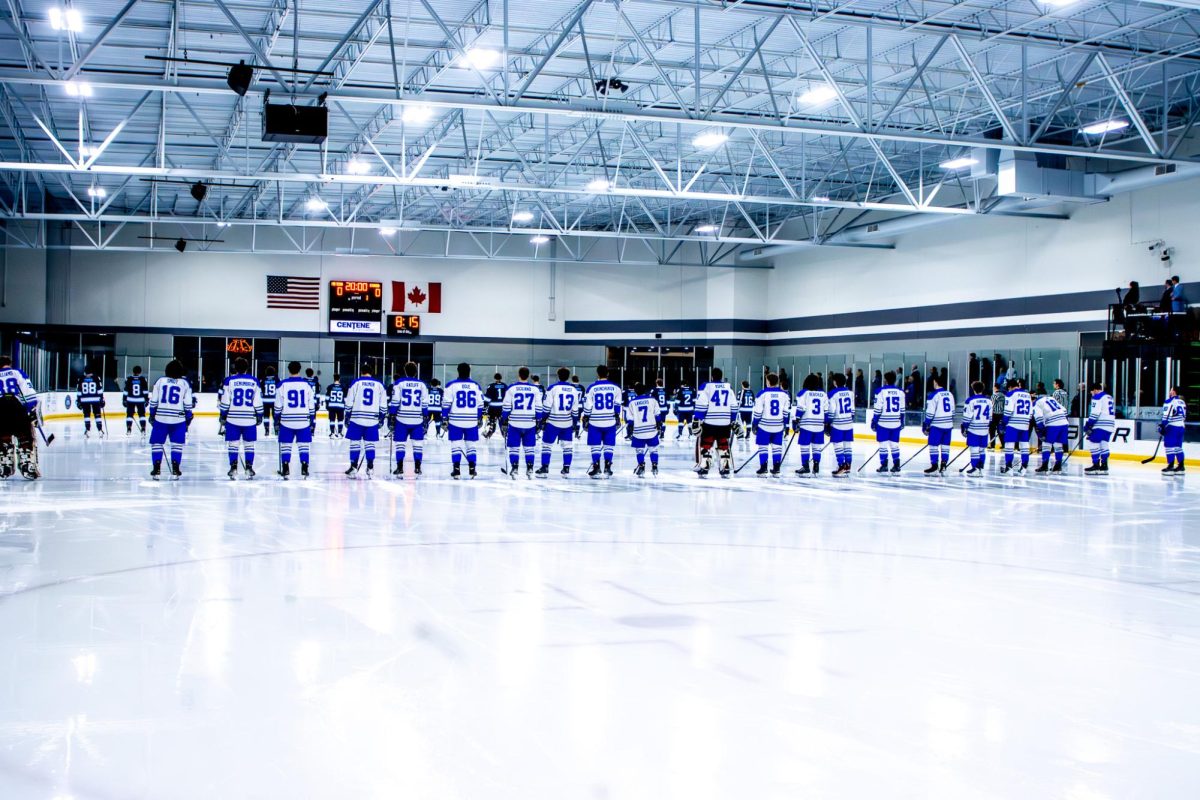 The MTSU club hockey team standing for the national anthem before a game against Northwood at the Centene Community Ice Center on March 19, 2026.
