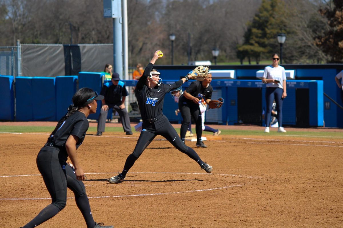 Elle Hildreth pitches against UT Martin at Blue Raider Softball Field on Feb. 28, 2026.