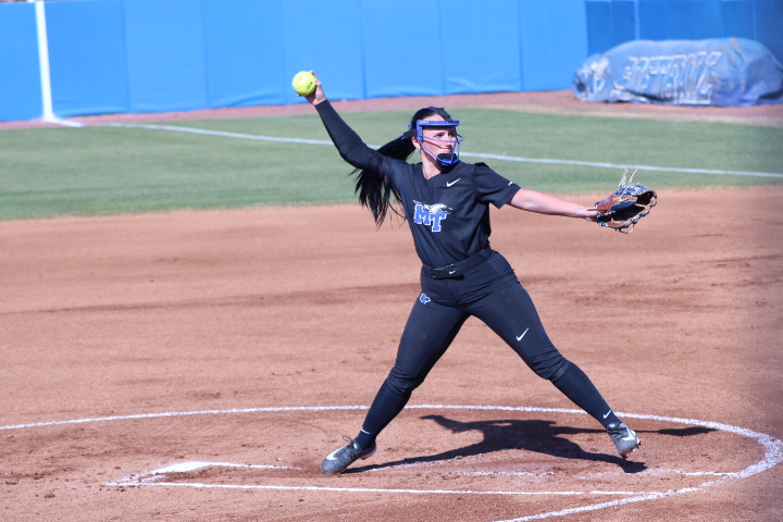 MTSU pitcher Mary Martinez on the mound while facing the University of Akron at Blue Raider Softball Field on Feb. 28, 2026. 