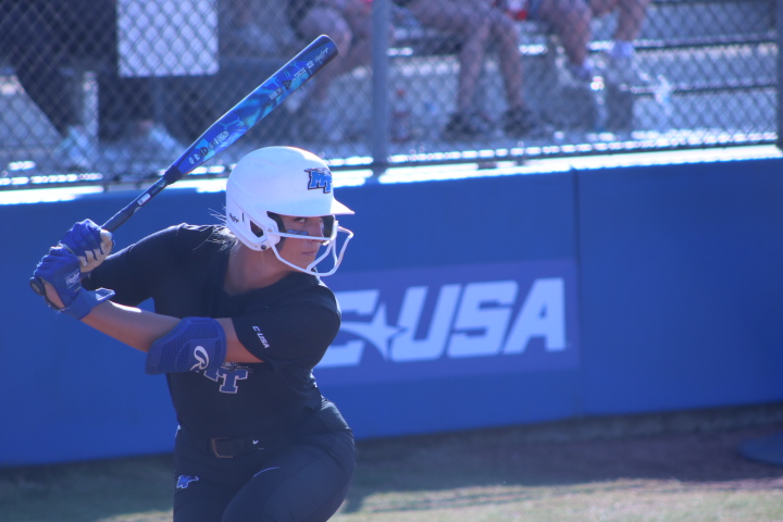 MTSU Mady Pint batting against the University of Akron at Blue Raider Softball Field on Feb. 28, 2026. 