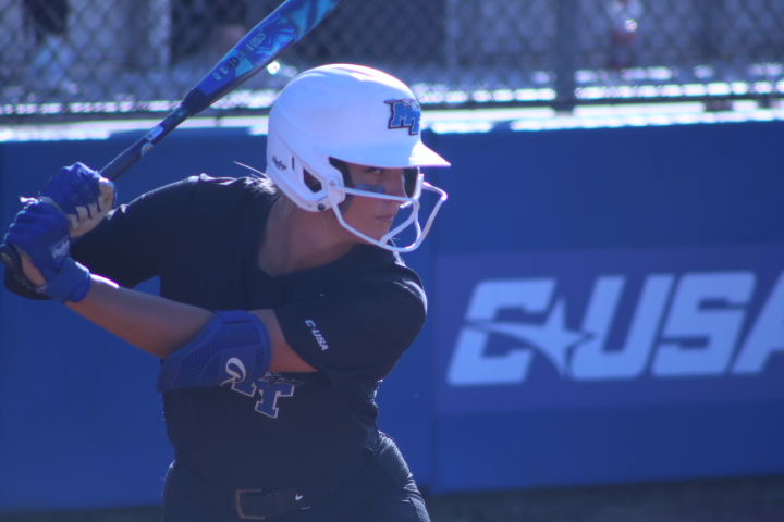 MTSU Mady Pint batting against the University of Akron at Blue Raider Softball Field on Feb. 28, 2026.