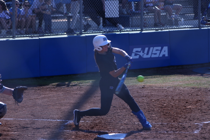 MTSU Jana Want swings for the ball while facing the University of Akron at Blue Raider Softball Field on Feb. 28, 2026. 