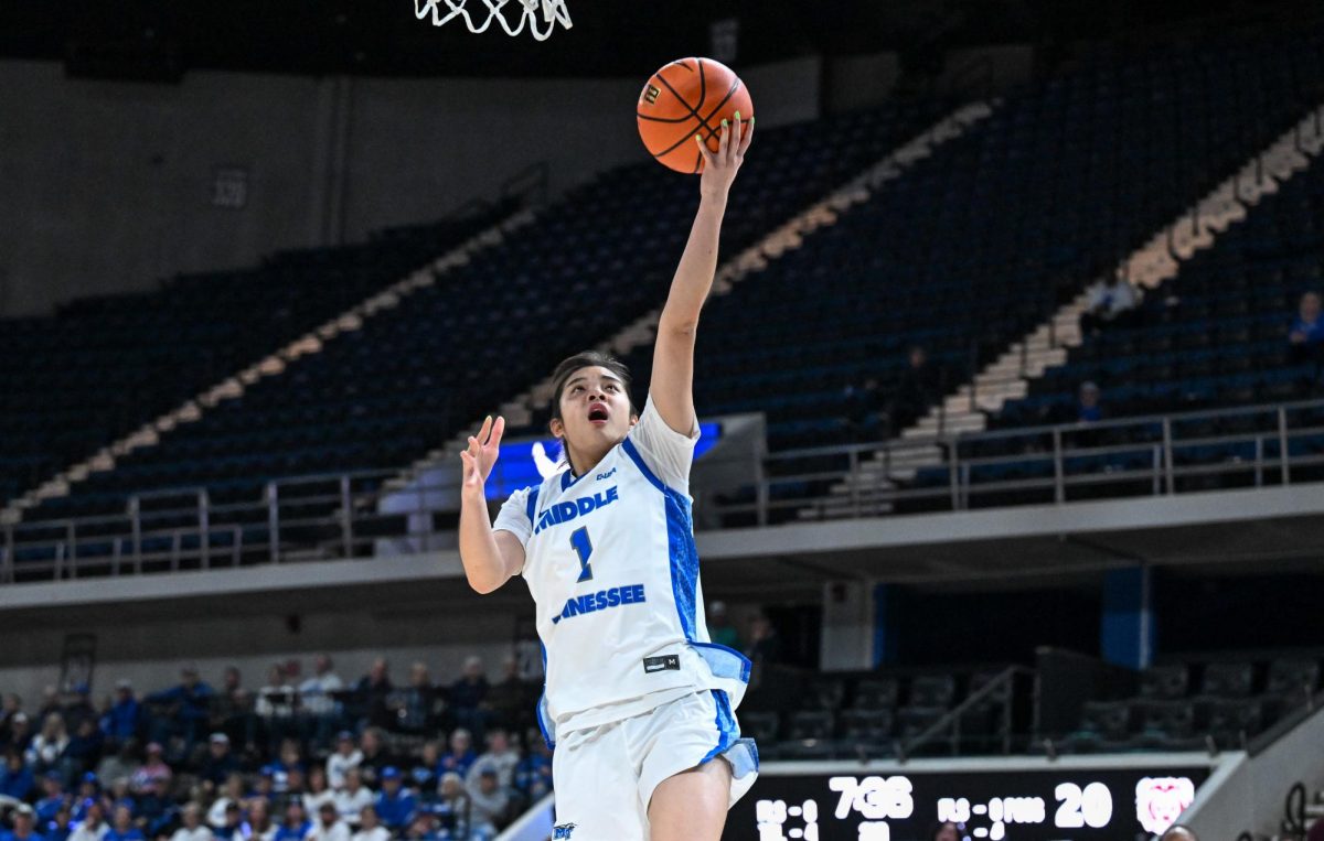 MTSU guard Yu Han Lin throws a layup off the glass during a game against Missouri State in the Conference USA quarterfinal game against Missouri State inside Propst Arena on March 12, 2026. 