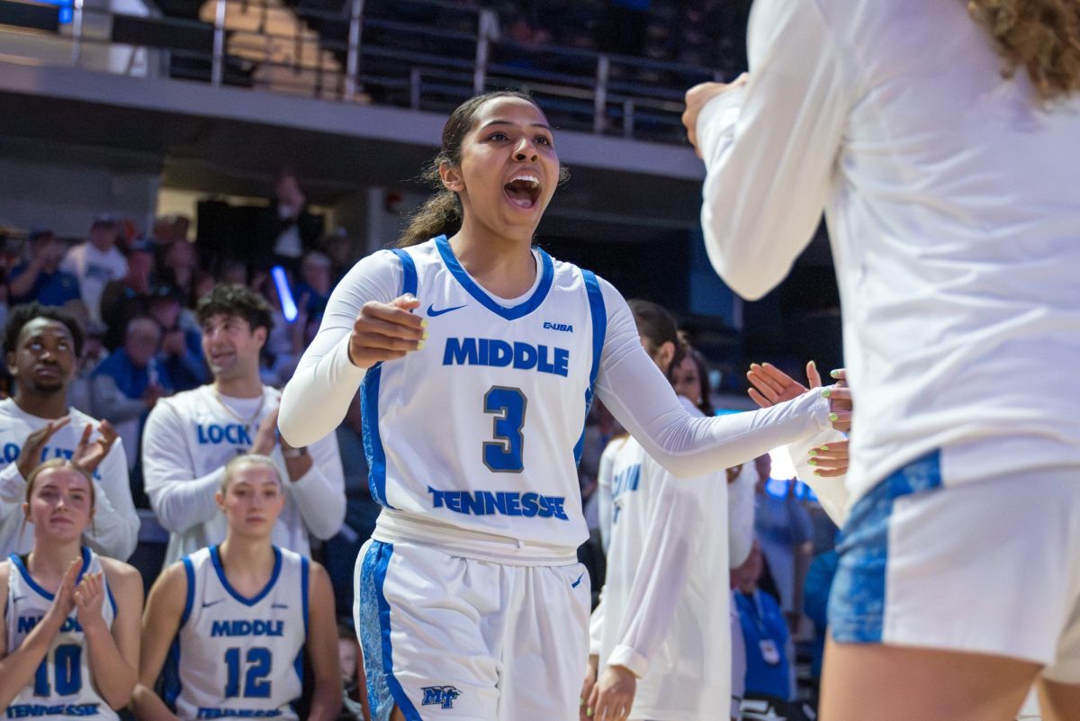 MTSU guard Alayna Contreras during starter introductions before a game against Missouri State in the Conference USA quarterfinal game against Missouri State inside Propst Arena on March 12, 2026. 