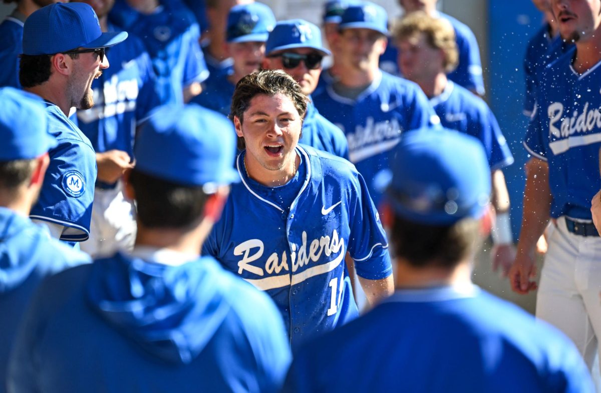 MTSU infielder Brett Vondohlen is sprayed with water in the Blue Raiders dugout after scoring against Kennesaw State at Reese Smith Jr. Field on March 14, 2026.