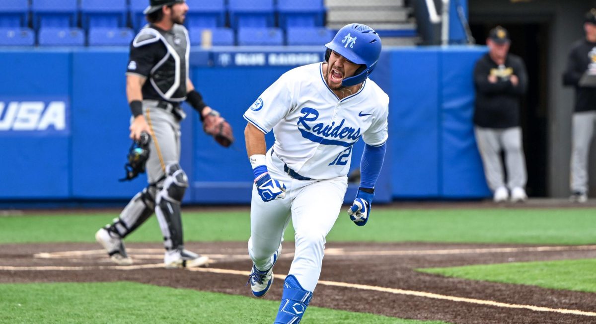 MTSU infielder Dean O'Neill celebrates after a hit against Kennesaw State at Reese Smith Jr. Field on March 15, 2026. 