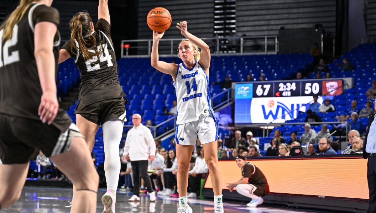MTSU guard Savannah Davis releases a three during a second round WNIT tournament against St. Bonaventure on March 23, 2026.