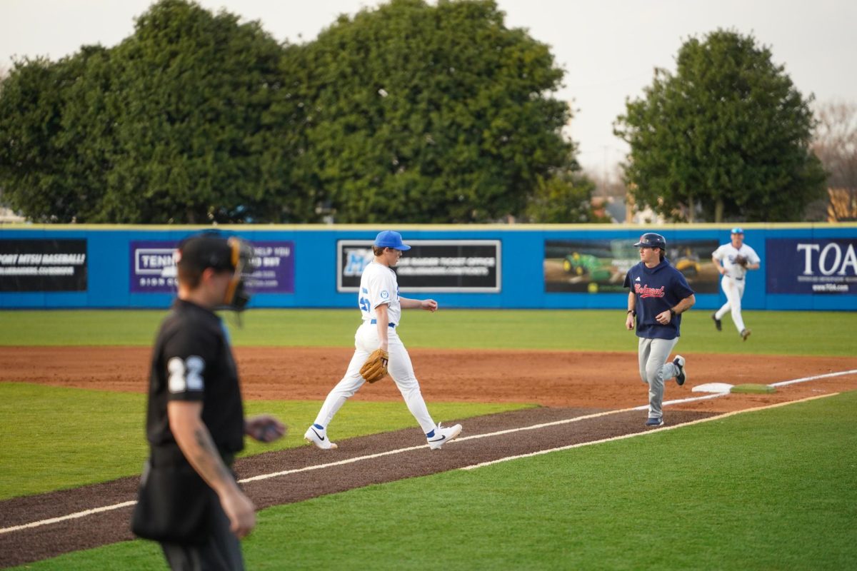 Middle Tennessee pitcher John Pickens walks off the field after recording a strikeout during a game against the Belmont Bruins at Reese Smith Jr. Field on March 4, 2026.

