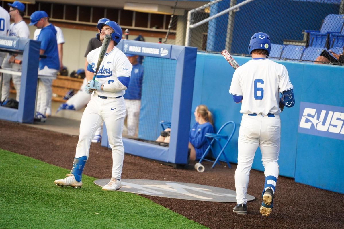 Middle Tennessee outfielder Nathan Brewer (8) and Middle Tennessee outfielder Keaton Ray (6) wait on deck during a game against the Belmont Bruins at Reese Smith Jr. Field on March 4, 2026.