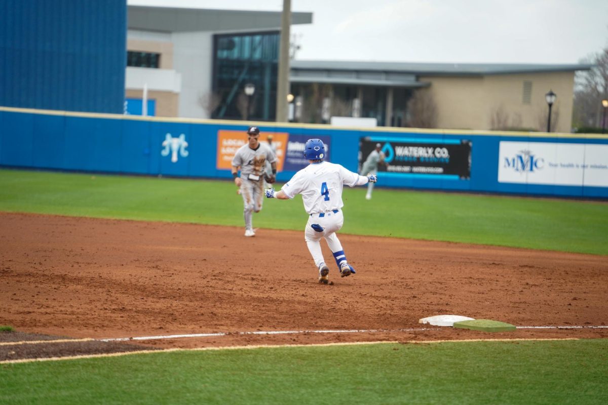 MTSU infielder Cooper Clapp rounds first after hitting an two-RBI single against Eastern Kentucky University at Reese Smith Jr. Field on March 10, 2026.
