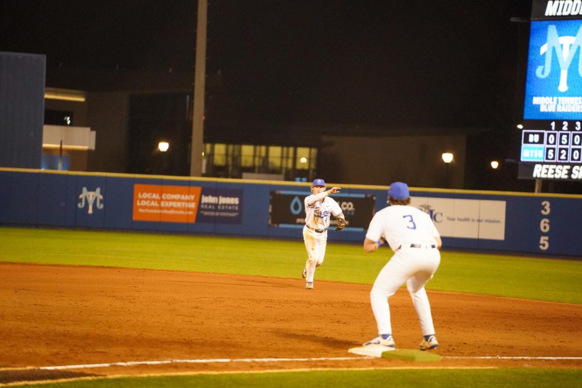 Middle Tennessee infielder Cooper Clapp throws to first base to record the final out of the inning during a game against the Belmont Bruins at Reese Smith Jr. Field on March 4, 2026.