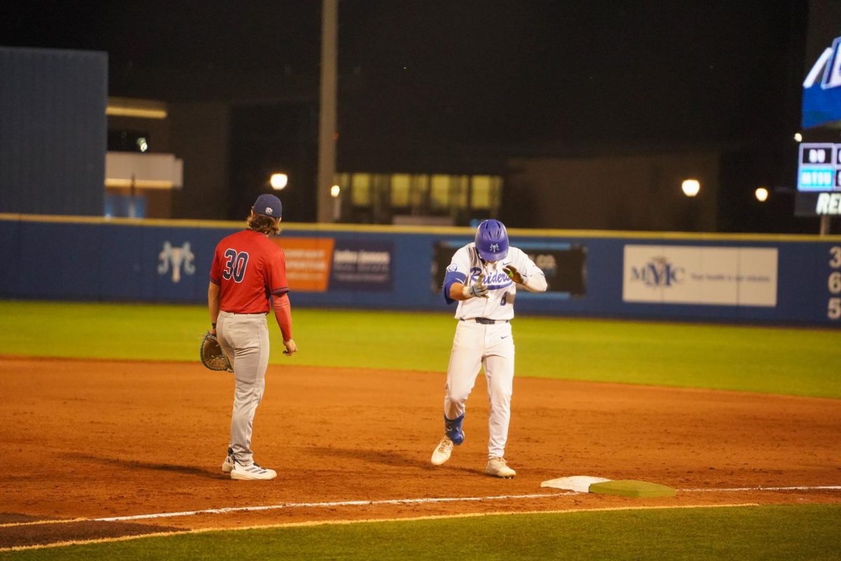 Middle Tennessee outfielder Nathan Brewer celebrates after a base hit during a game against the Belmont Bruins at Reese Smith Jr. Field on March 4, 2026.