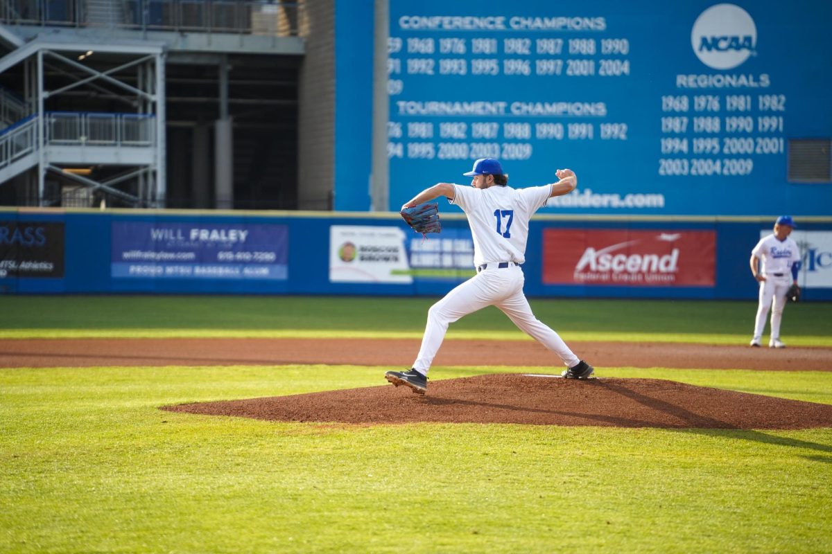  Middle Tennessee pitcher Ethan Robinson warms up before starting the game for the Blue Raiders during a game against the Belmont Bruins at Reese Smith Jr. Field on March 4, 2026.