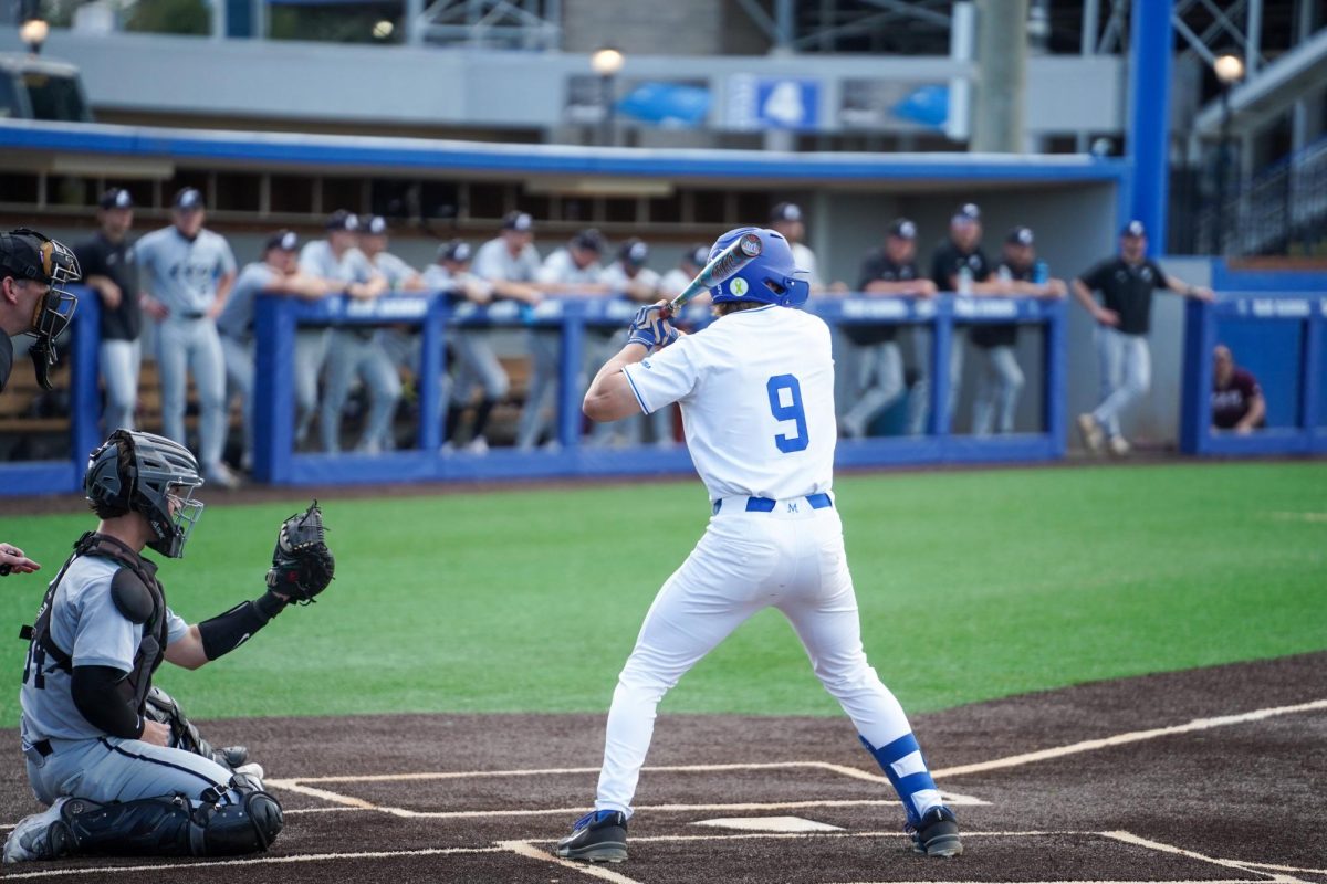 MTSU outfielder Owen Nowak stands at the plate to lead off the game for the Blue Raiders against Eastern Kentucky University at Reese Smith Jr. Field on March 10, 2026.
