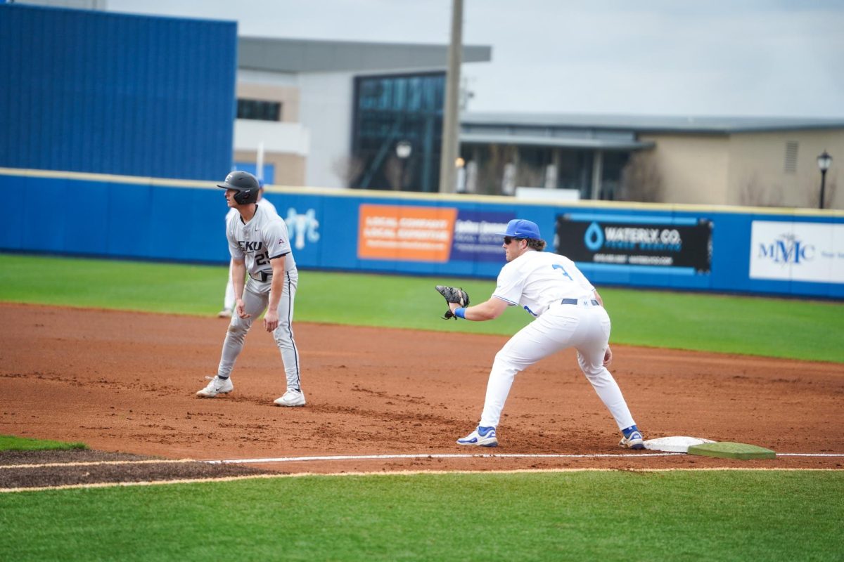 MTSU infielder Tyler Minnick holds a runner on first base against Eastern Kentucky University at Reese Smith Jr. Field on March 10, 2026.
