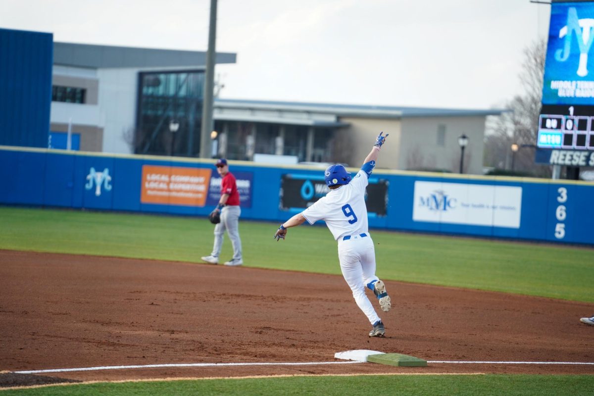 Middle Tennessee outfielder Owen Nowak trots the bases after hitting a leadoff home run during a game against the Belmont Bruins at Reese Smith Jr. Field on March 4, 2026.