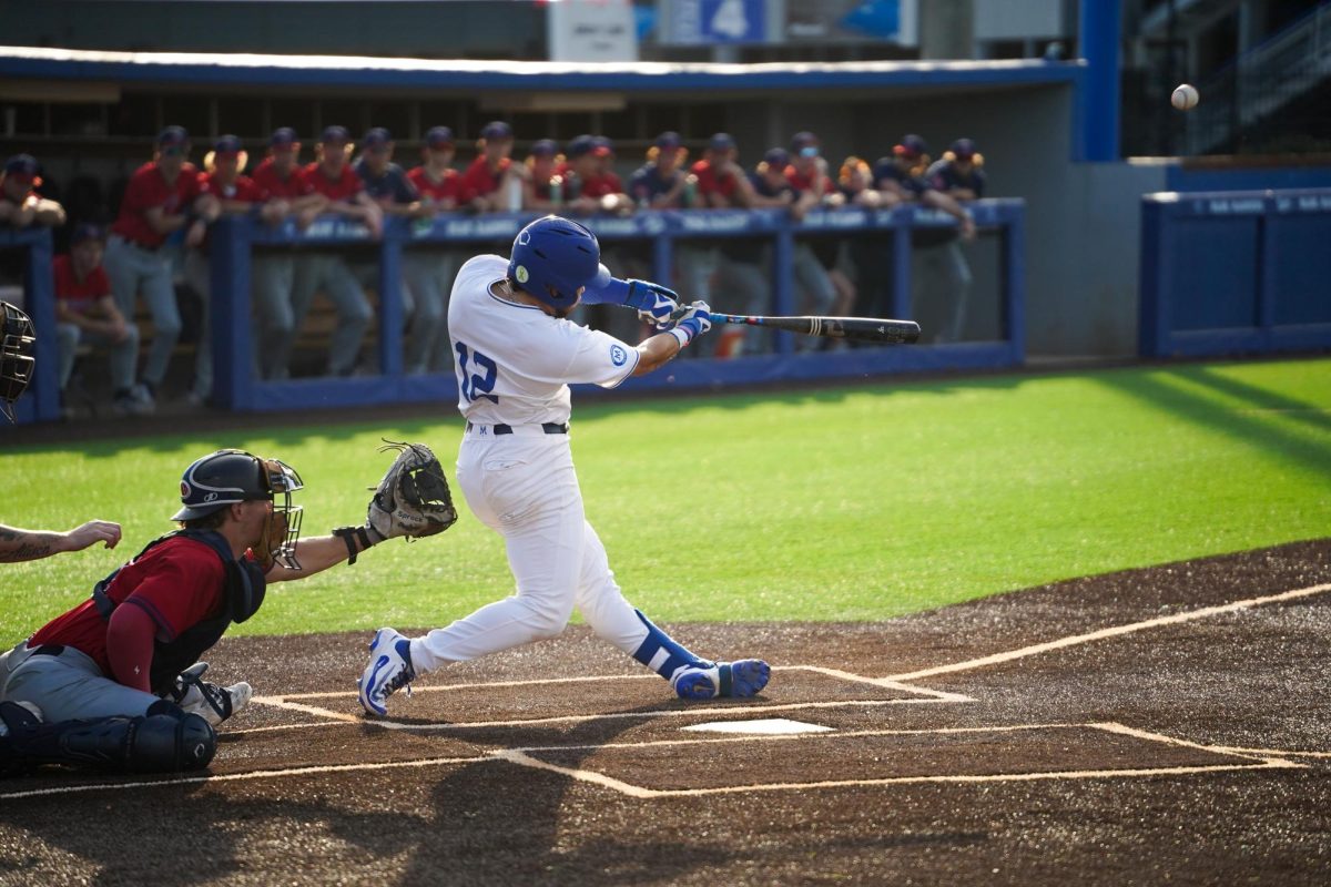 Middle Tennessee catcher Dean O'Neill hits a home run to give the Blue Raiders back-to-back home runs during a game against the Belmont Bruins at Reese Smith Jr. Field on March 4, 2026.