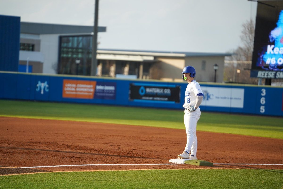 Middle Tennessee outfielder Nathan Brewer stands on first base after hitting a single during a game against the Belmont Bruins at Reese Smith Jr. Field on March 4, 2026.