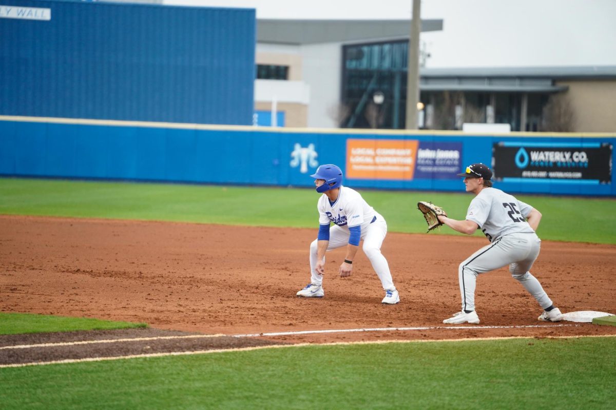 MTSU utility player Layne Akers leads off first base waiting for the pitch against Eastern Kentucky University at Reese Smith Jr. Field on March 10, 2026.
