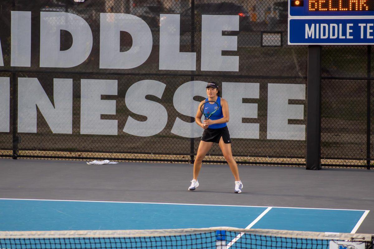 Zenn Lim steadies her feet before returning a shot against Bellarmine University at the MTSU Tennis Complex on Feb. 28, 2026.