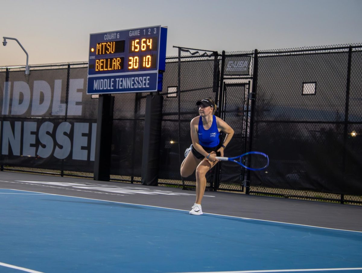 Zora Koenig returning a shot against Bellarmine University at the MTSU Tennis Complex on Feb. 28, 2026.