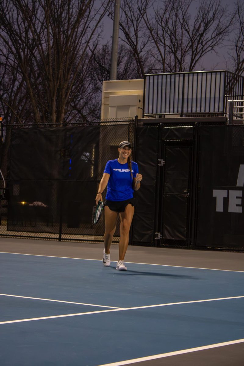 Sara Conde celebrates after scoring a point against Bellarmine University at the MTSU Tennis Complex on Feb. 28, 2026.