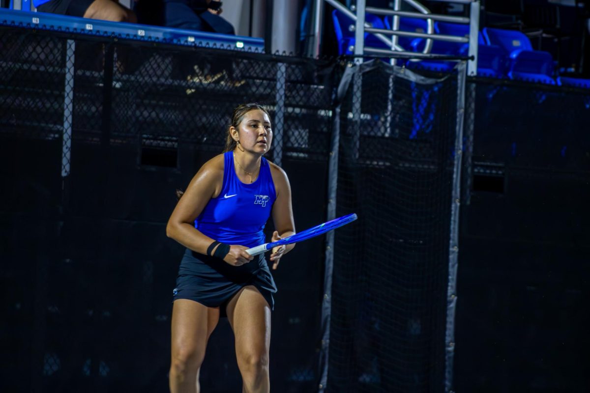 Sadbaroy Kholdarova looks to return a shot at the MTSU Tennis Complex on Feb. 28, 2026.
