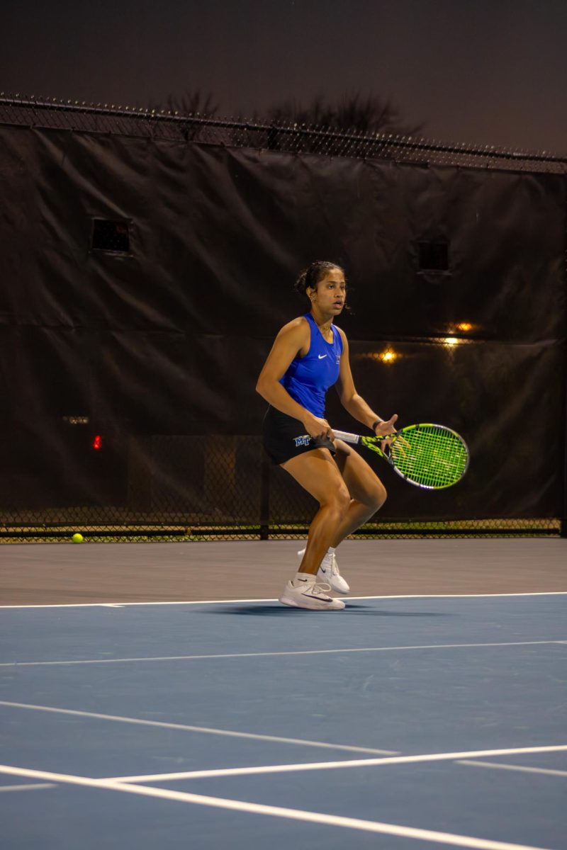 Rutuja Chaphalkar steadies her feet before returning a shot at the MTSU Tennis Complex on Feb. 28, 2026.