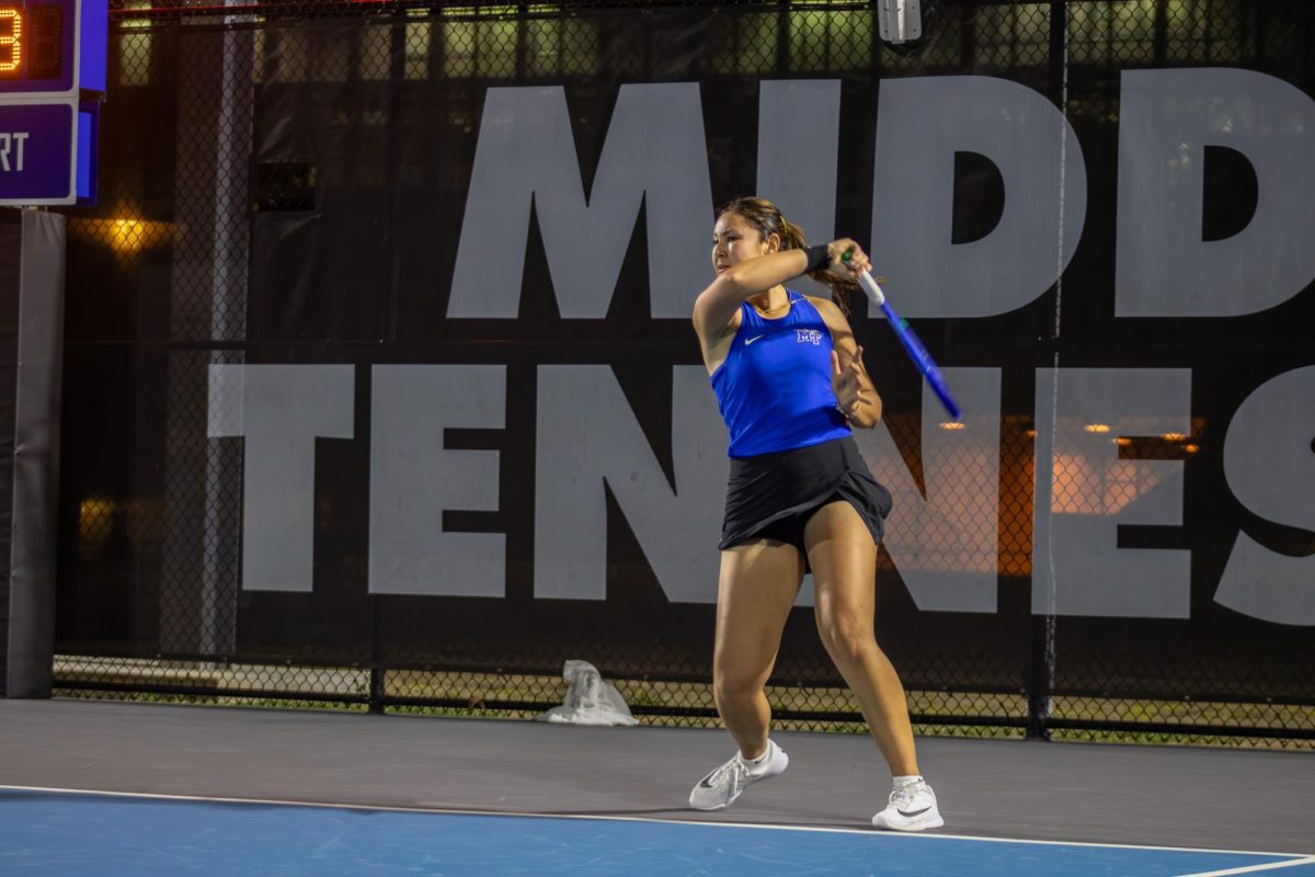 Sadbaroy Kholdarova moments after returning a shot at the MTSU Tennis Complex on Feb. 28, 2026.