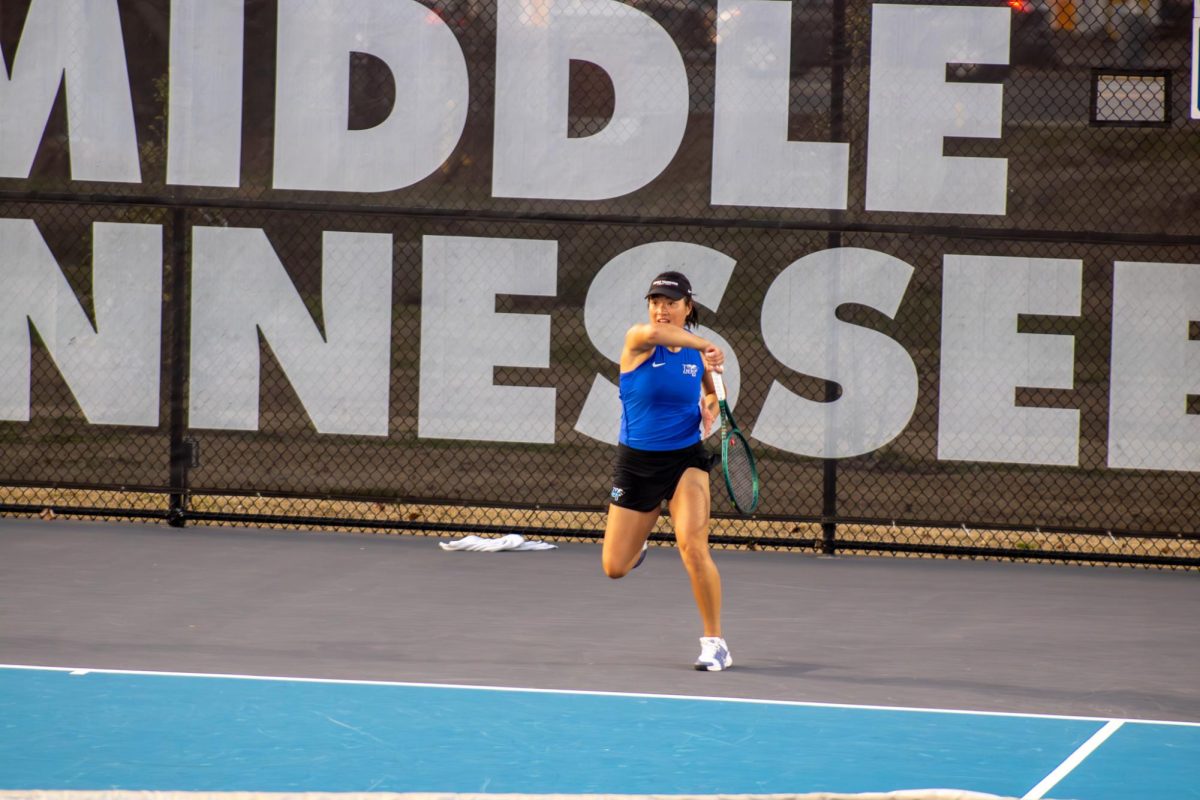 Zenn Lim moments after hitting a shot against Bellarmine University at the MTSU Tennis Complex on Feb. 28, 2026.