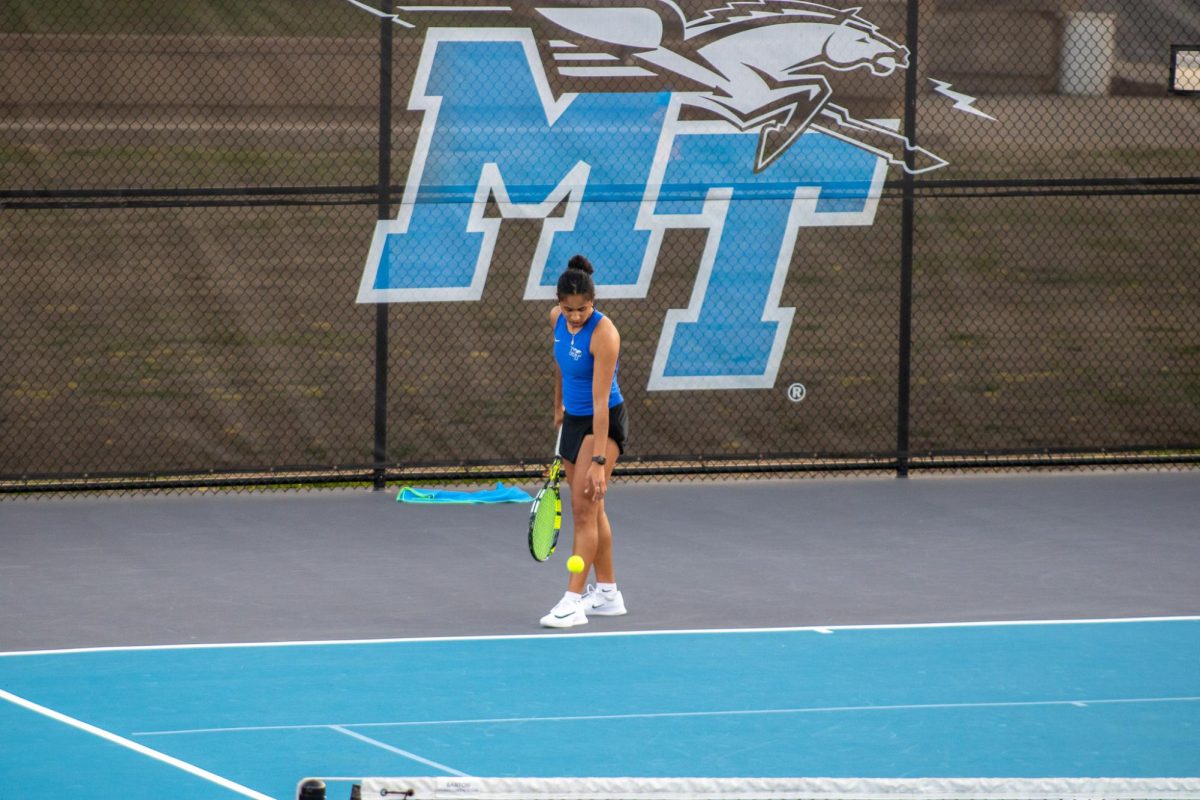 Rutuja Chaphalkar prepares to serve against Bellarmine University at the MTSU Tennis Complex on Feb. 28, 2026.