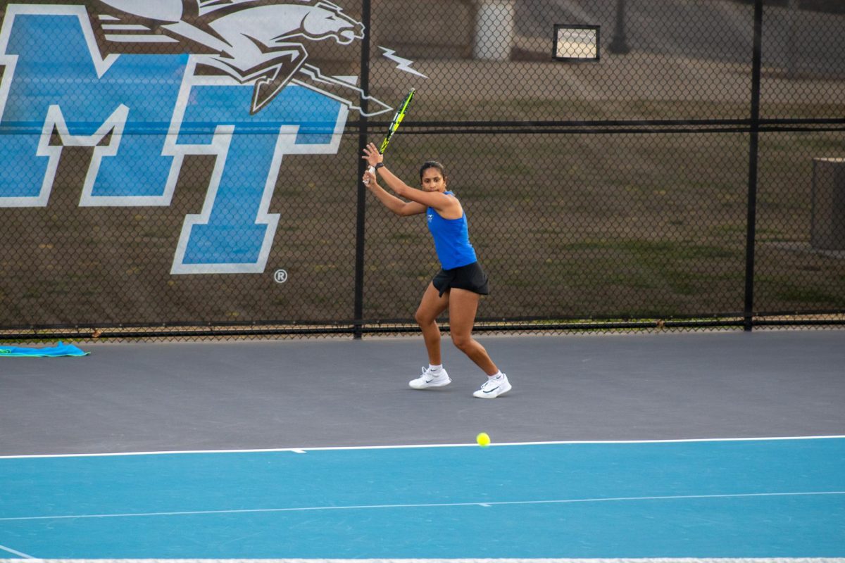 Rutuja Chaphalkar setting up a forehand return at the MTSU Tennis Complex on Feb. 28, 2026.