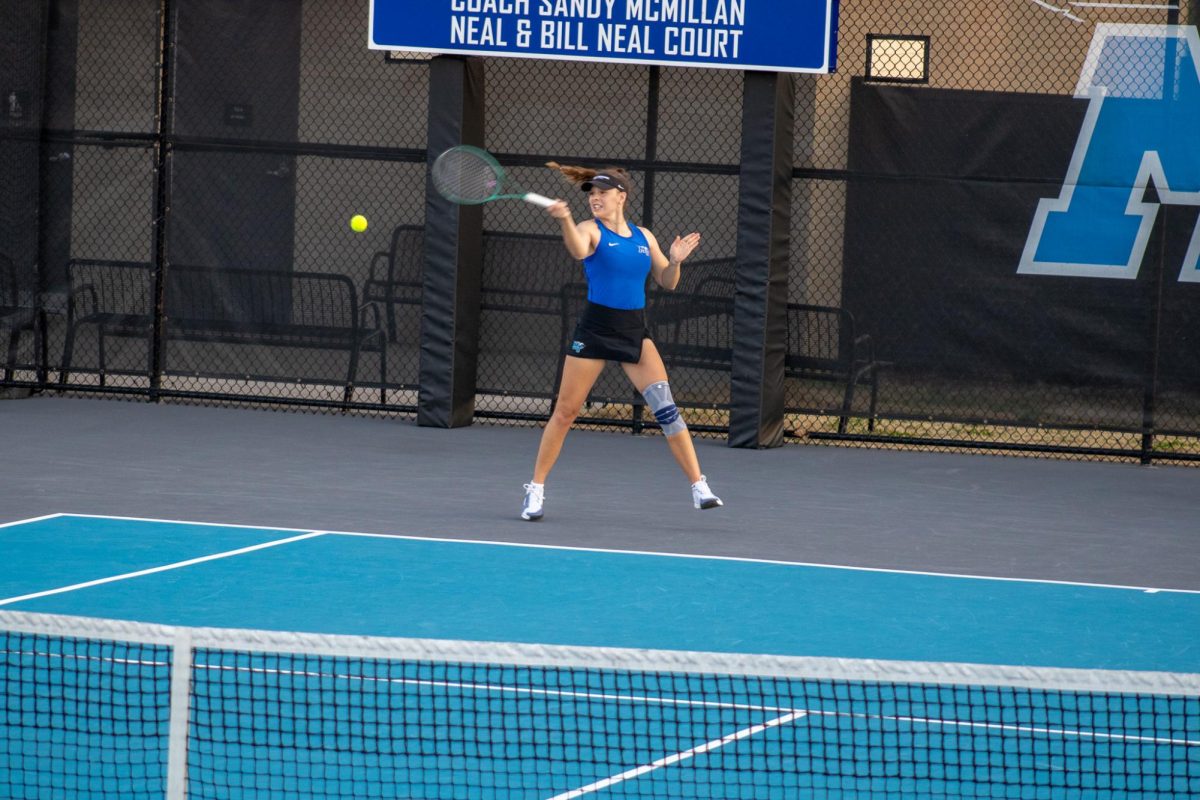 Lena Peyer readies a return against Bellarmine University at the MTSU Tennis Complex on Feb. 28, 2026.