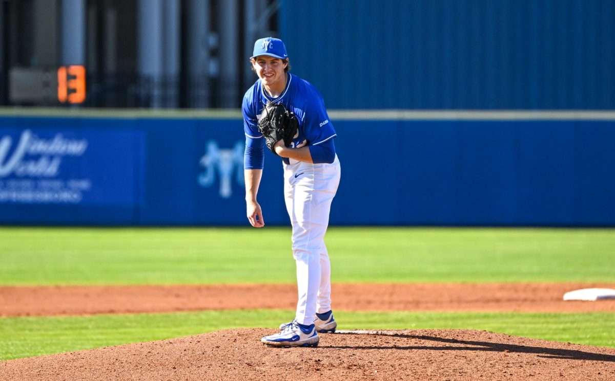 MTSU pitcher Drew Horn smiles before throwing a pitch against Kennesaw State at Reese Smith Jr. Field on March 14, 2026.