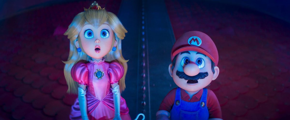 Princess Peach (left) and Mario (right) looking at something shocking in the new “The Super Mario Galaxy Movie," releasing in theaters April 1, 2026. 