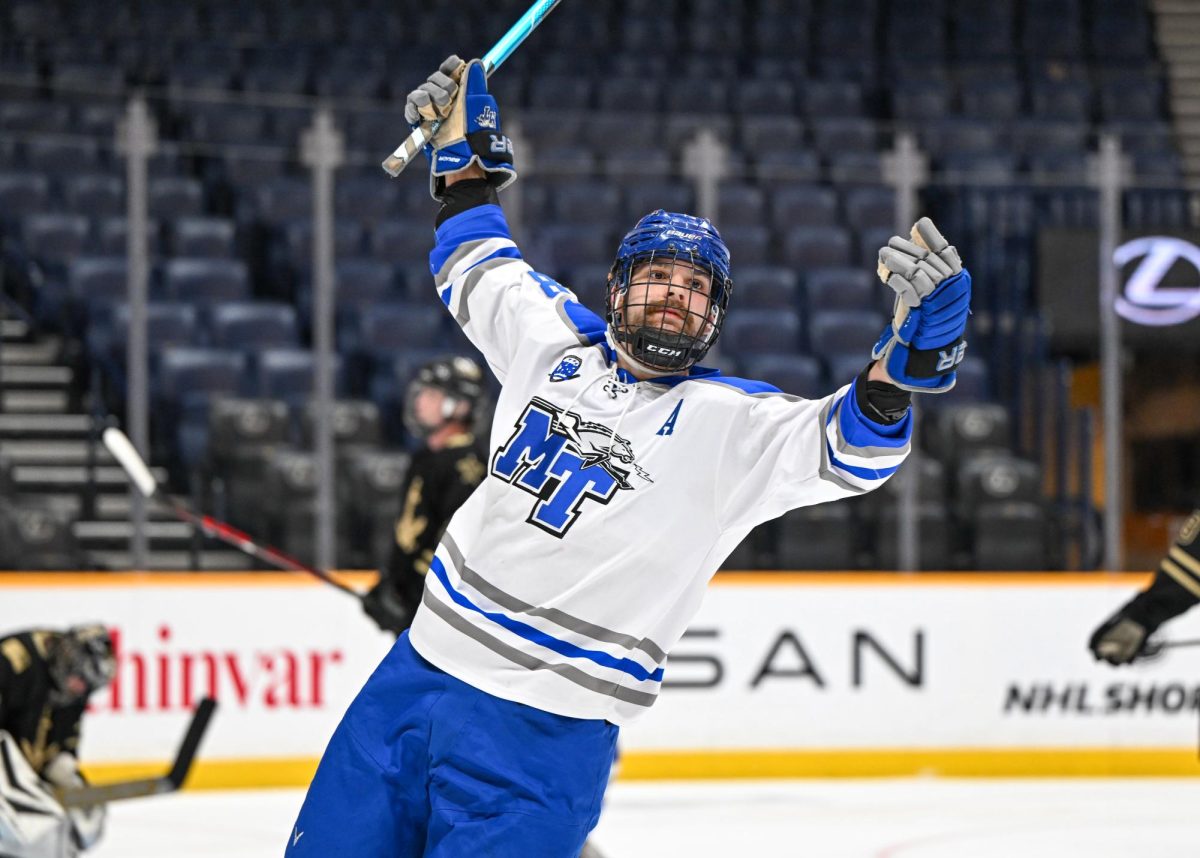 MTSU forward Tommy Chunchukov celebrates a goal during a game against Vanderbilt University inside Bridgestone Arena, on March 4, 2026. 