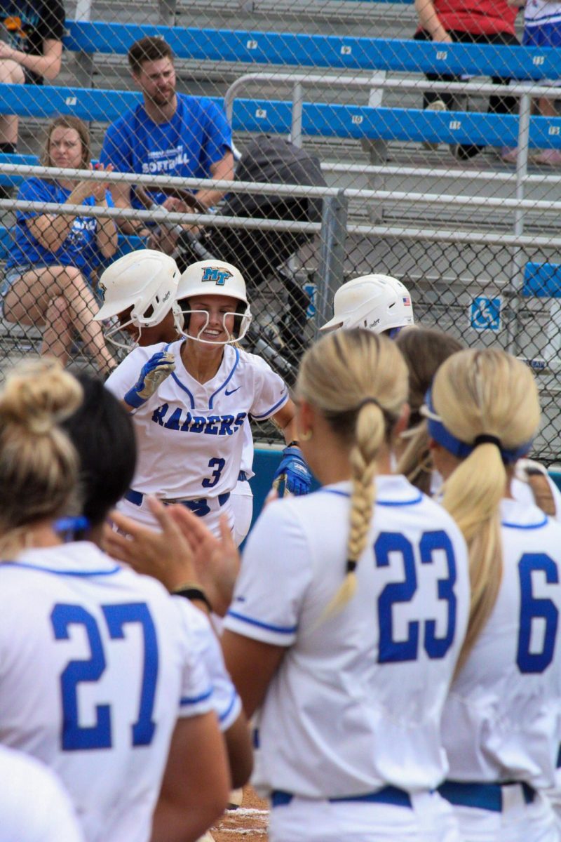  Middle Tennessee players celebrate a home run by Lexi Medlock (3) against
Louisiana Tech at Blue Raider Softball Field on April 4, 2026.