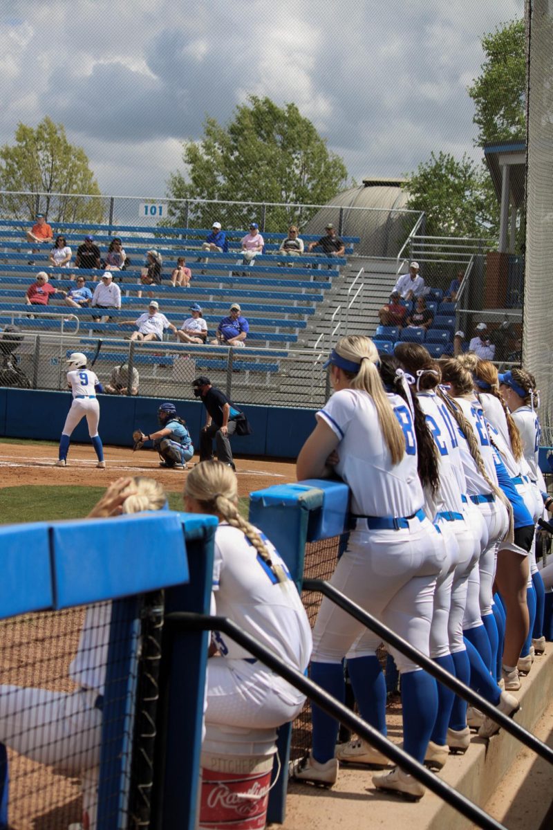  The Middle Tennessee dugout watches Avery Wynne (9) at bat against
Louisiana Tech at Blue Raider Softball Field on April 4, 2026.