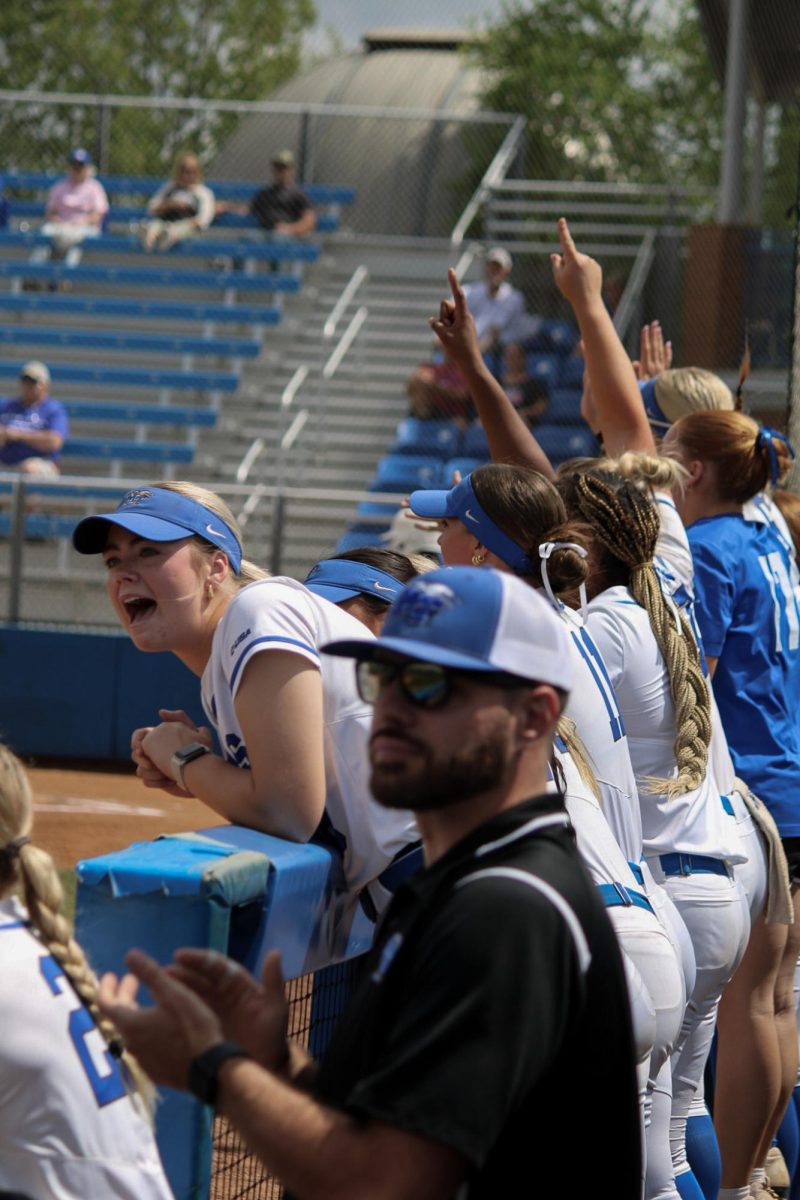 The Middle Tennessee bench cheers as Avery Wynne (9) hits a double against
Louisiana Tech at Blue Raider Softball Field on April 4, 2026.