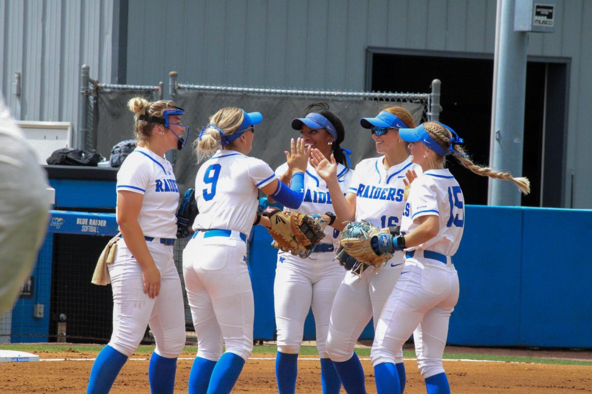 Middle Tennessee players exchange high-fives during their game against
Louisiana Tech at Blue Raider Softball Field on April 4, 2026.